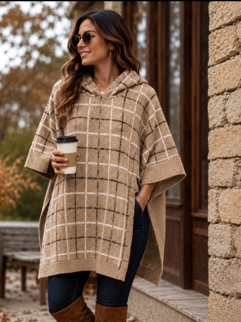 Tahari Tan & White Windowpane Old Money Preppy Hooded Sweater Poncho One Size